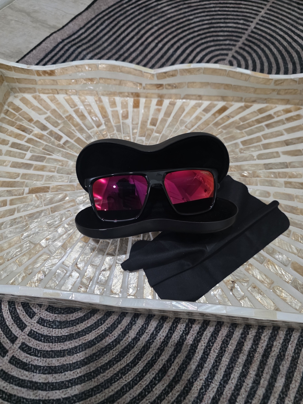 Carrera Black Frame Sunglasses with Pink Mirror Lenses, The Festival Edition